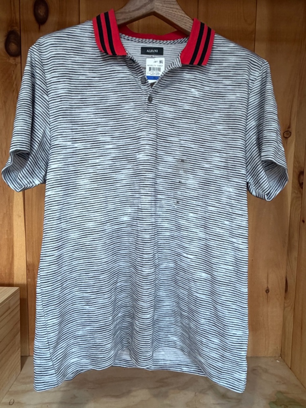 NWT ALFANI Polo Shirt Supima Cotton Blend Black Stripe/Red Pop Collar MENS XL